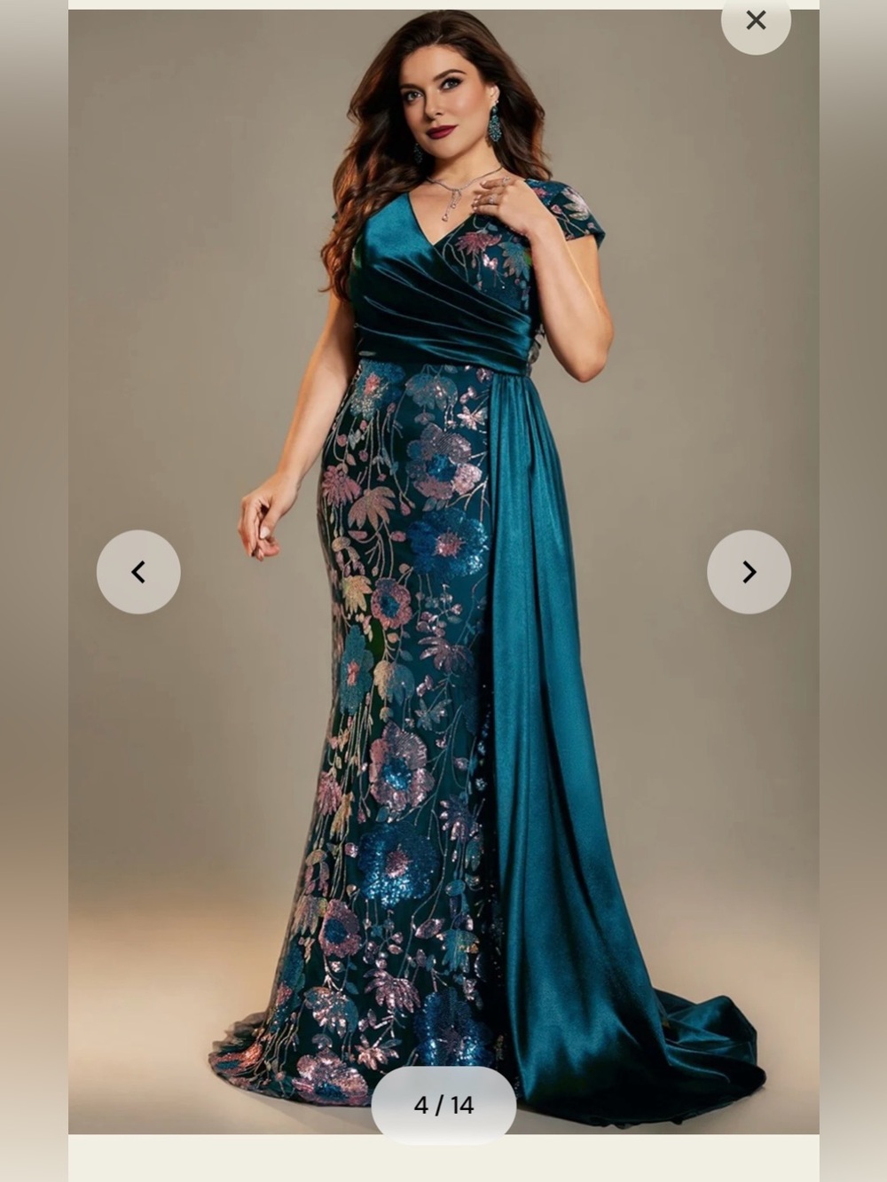 Blue Floral Sequin Evening Gown - Picture 3 of 9